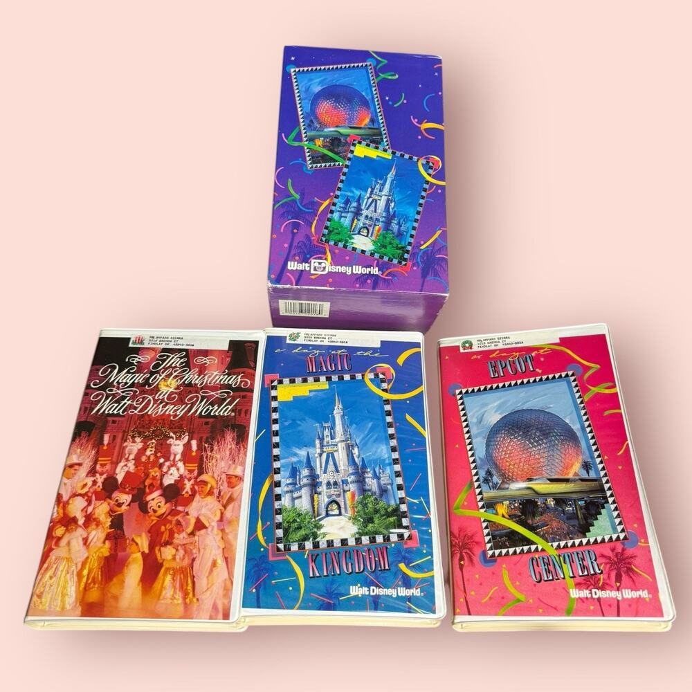 3 TAPE BOX SET Disney World Attractions VHS Magic Kingdom Epcot Christmas Vtg